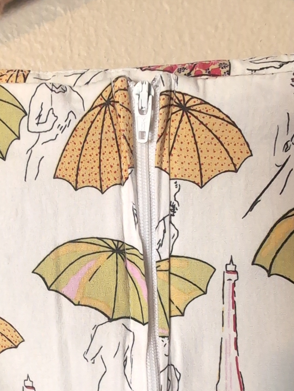White Strapless Umbrella-Print Dress with Red Waistband - Picture 4 of 7
